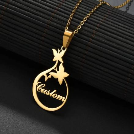 Butterfly and Round design Name Necklace Product Image